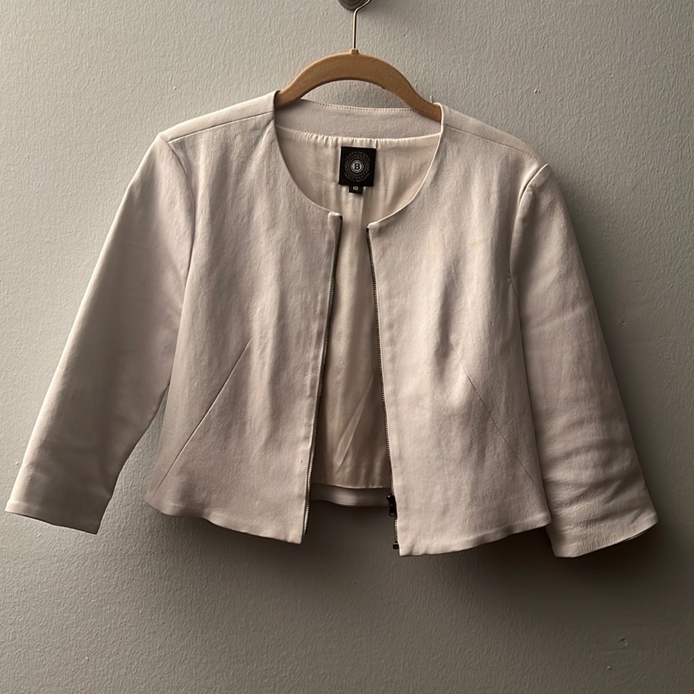 Susan Bender Stretch Leather Cropped Cardigan Jacket with Short Sleeve (White)
